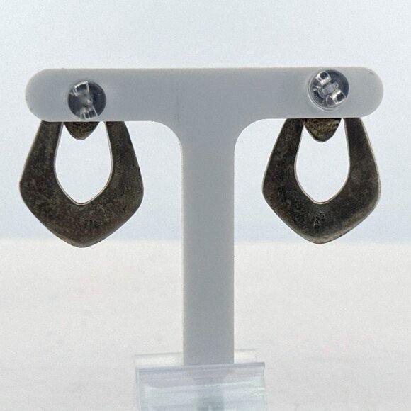 Vintage Estate 925 Sterling Silver Modernist Dangle Earrings Black Onyx Studs - Picture 3 of 8